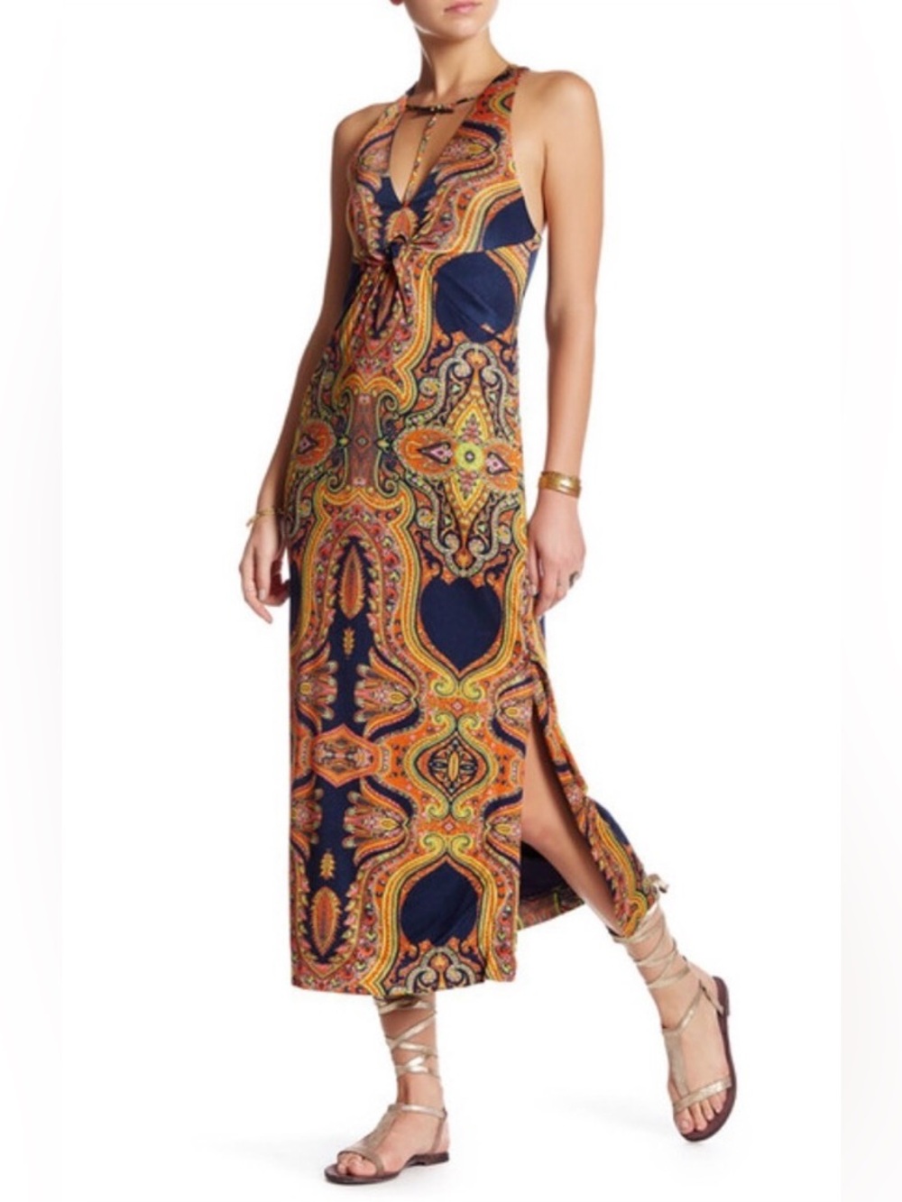 Free People Sin City Midi Dress Psychedelic Paisley XS Navy Boho Bohemian Hippie